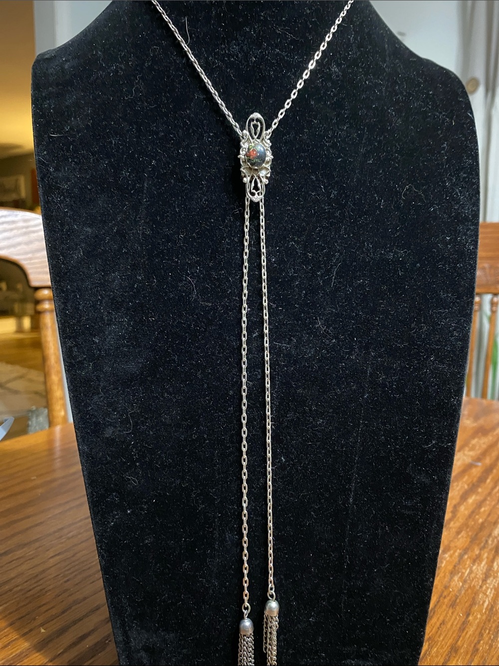 VTG Silver Long Lariat Necklace with Red-Orange Floral Accent